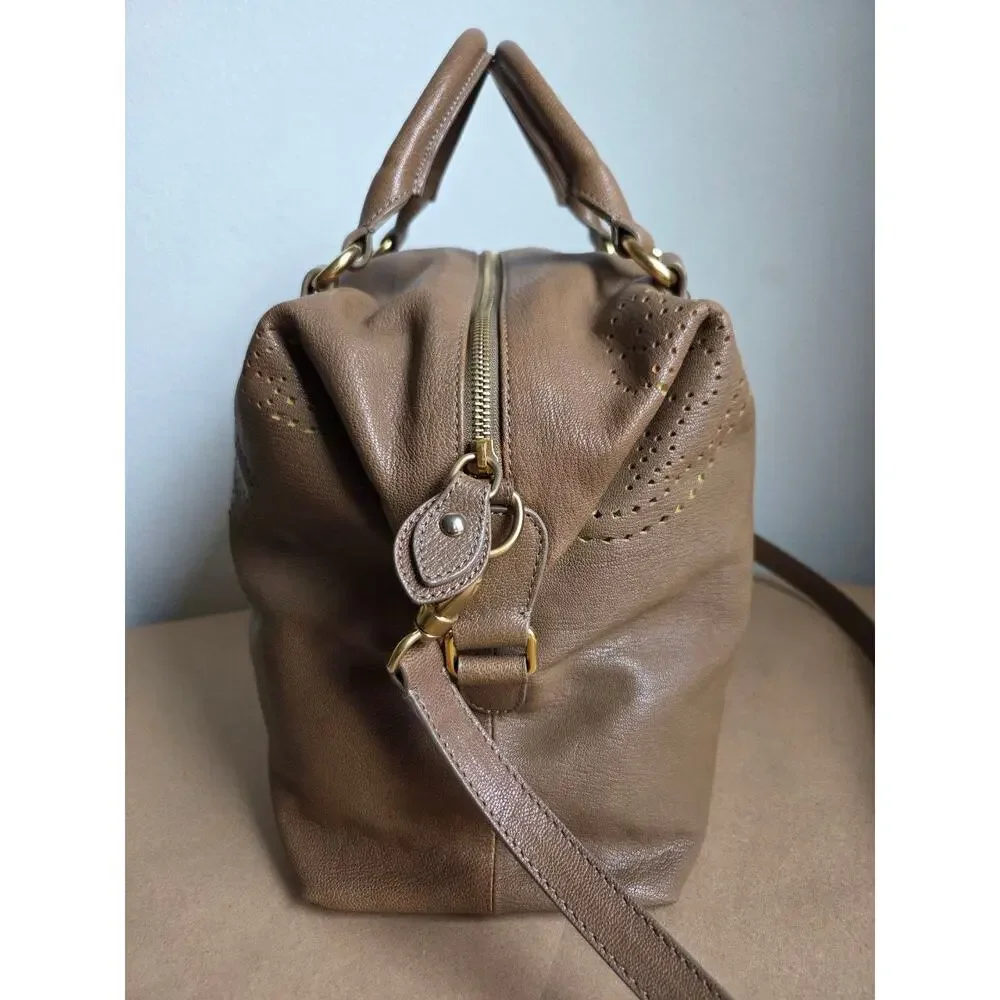 Etro Satchel Shoulder Bag Paisley Perforated Soft Leather Tan Brown Adjustable